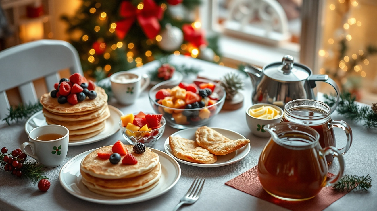 Festive Christmas breakfast with pancakes, fruit salad, pastries, scrambled eggs, and maple syrup, set on a holiday-themed table with twinkling lights.