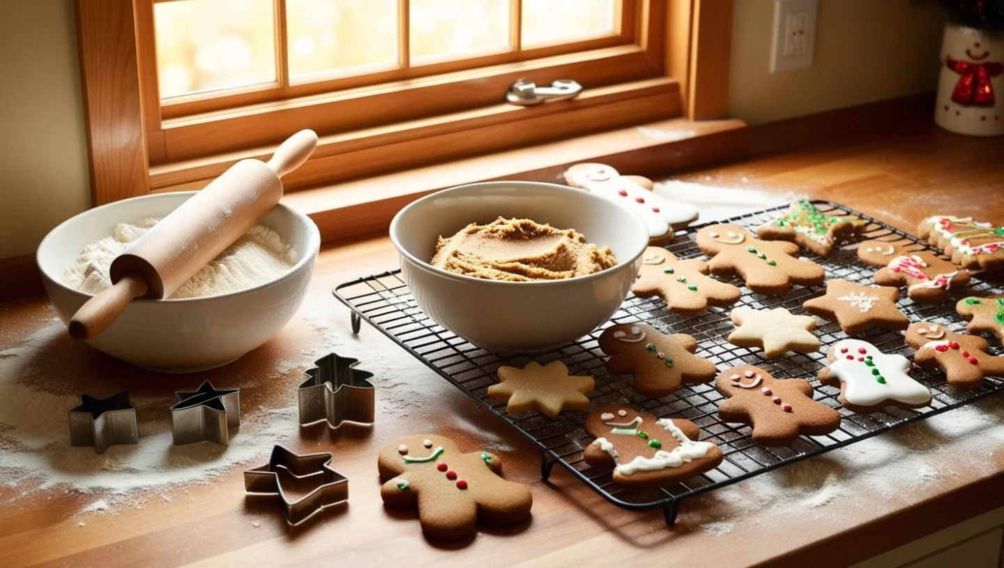 Flat lay of gingerbread ingredients: flour, sugars, spices, baking soda, molasses, rolling pin, and festive cookie cutters on a cozy, flour-dusted surface with warm lighting.