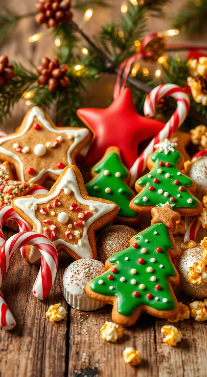 A festive display of edible Christmas ornaments, including gingerbread cookies shaped like stars and trees with icing, red candy canes, chocolate truffles, and golden popcorn garlands, on a rustic table with pine branches and fairy lights.