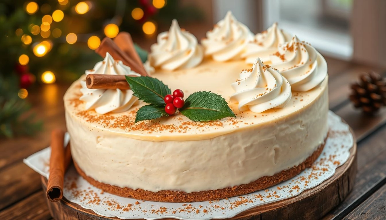 Festive eggnog cheesecake with whipped cream swirls, nutmeg sprinkles, and holiday accents like cinnamon sticks and holly leaves, on a rustic table with twinkling fairy lights for a cozy holiday feel.