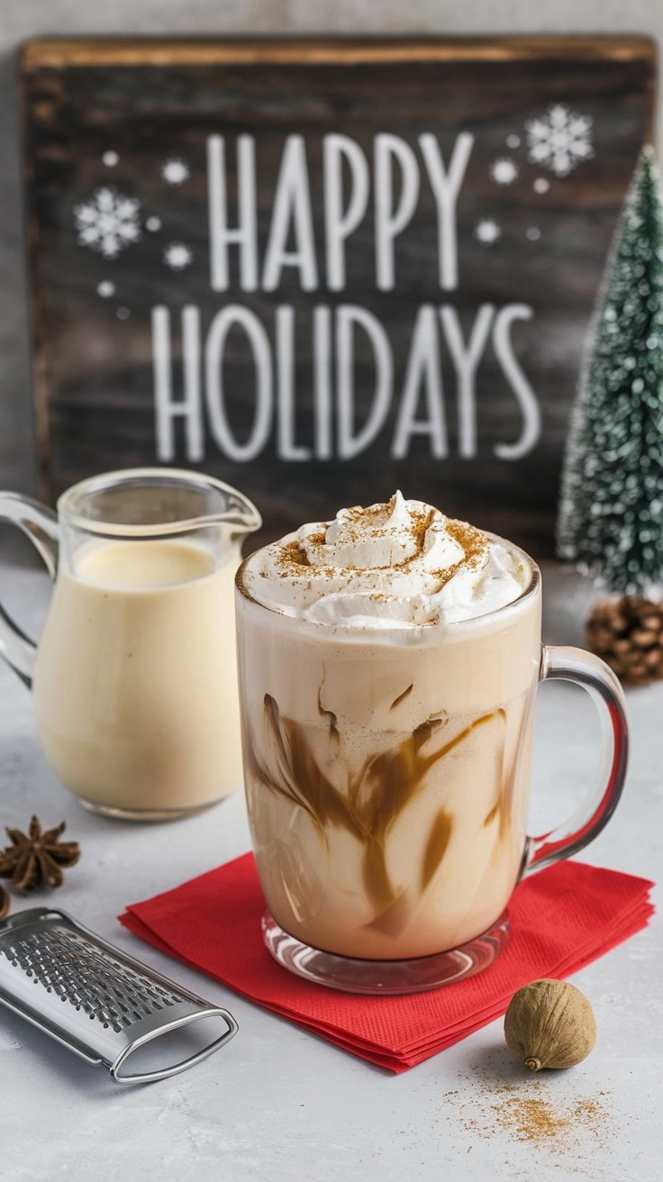 Eggnog coffee with nutmeg whipped cream and a pitcher of eggnog