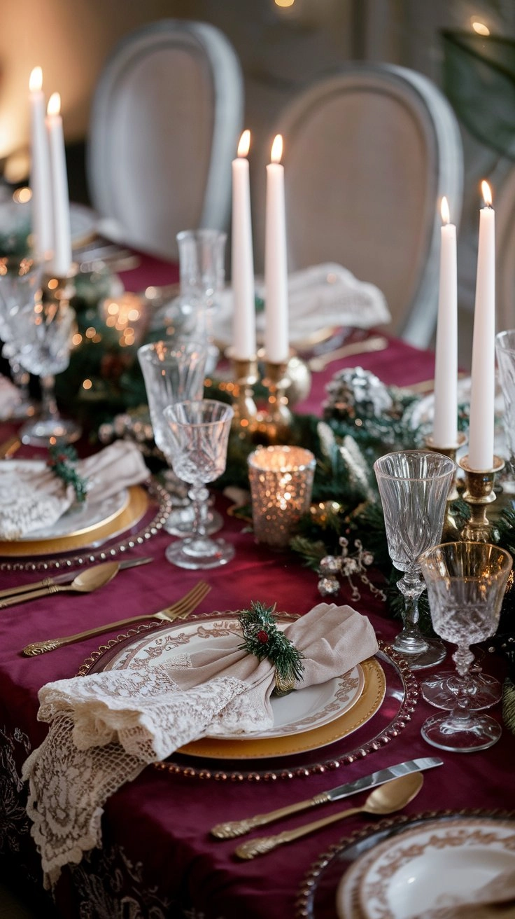 An elegant Christmas table setting with a burgundy and gold palette, ornate tablecloth, fine china, lace napkins, glimmering candles, evergreen sprigs, crystal glassware, and silver accents under soft ambient lighting.