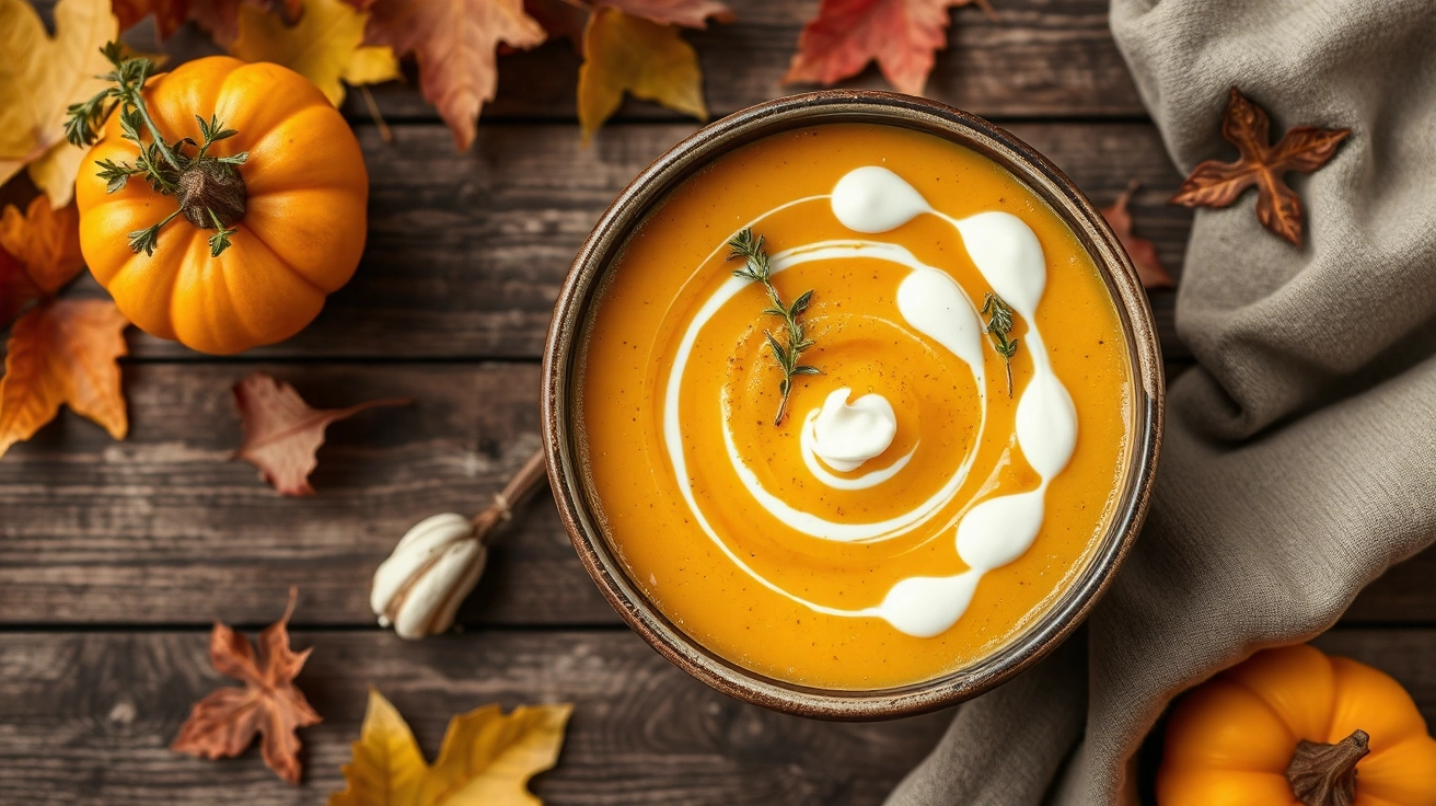 Autumn-inspired toppings on creamy butternut squash soup with roasted pumpkin seeds, fresh thyme, olive oil drizzle, and crème fraîche on a rustic table with fall leaves, creating a cozy atmosphere.