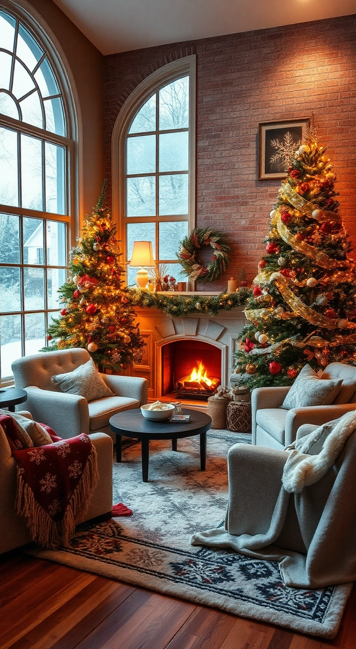 A cozy winter living room with snowflake blankets, twinkling fairy lights, a crackling fireplace, plush armchairs, a decorated Christmas tree, and frosted windows, creating a serene snowy ambiance.