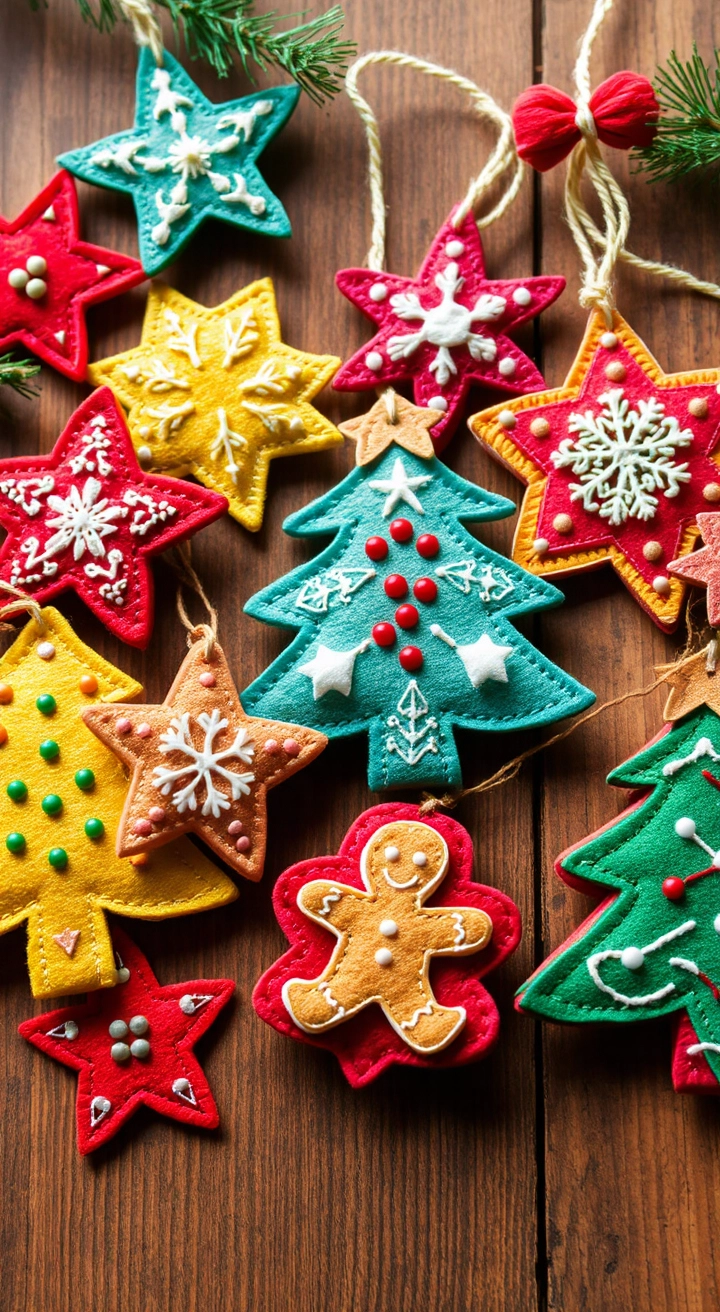 A collection of colorful felt Christmas tree ornaments in shapes like stars, snowflakes, and gingerbread men, stitched with intricate patterns, arranged on a rustic wooden background under soft natural lighting.