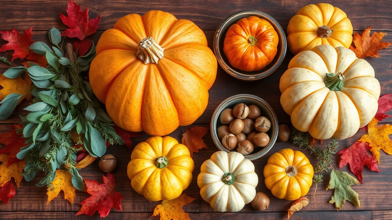 Rustic wooden table with autumn ingredients: plump butternut squash, sage, thyme, apples, hazelnuts, and colorful fall leaves, softly lit for a cozy harvest feel.