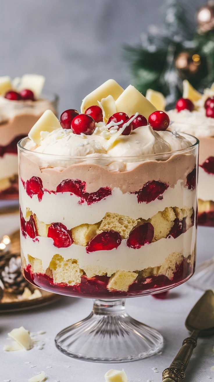 A festive trifle with layers of white chocolate mousse, cranberry compote, and soft cake, topped with fresh cranberries and white chocolate shavings, elegantly displayed in a glass bowl with holiday decor in the background.