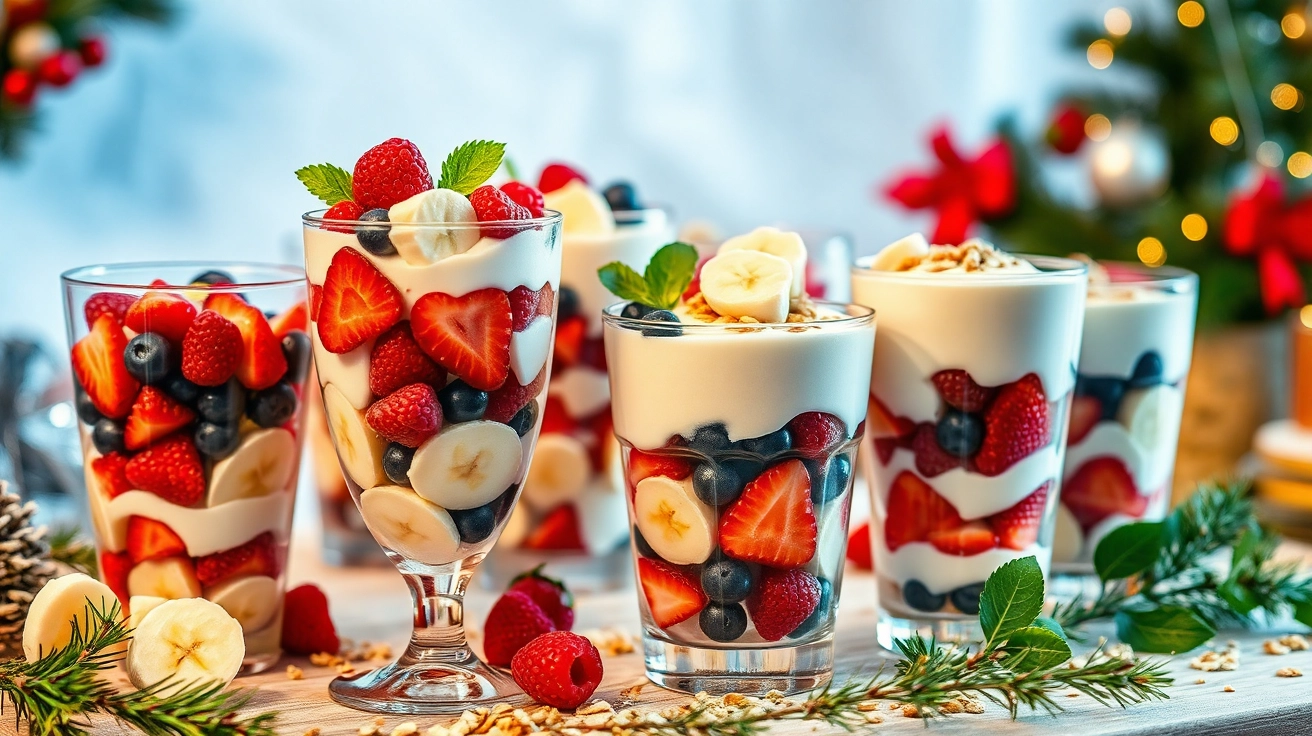 Festive fruit and yogurt parfait bar with colorful berries, bananas, creamy yogurt, granola, and holiday-themed decorations in soft, warm lighting.
