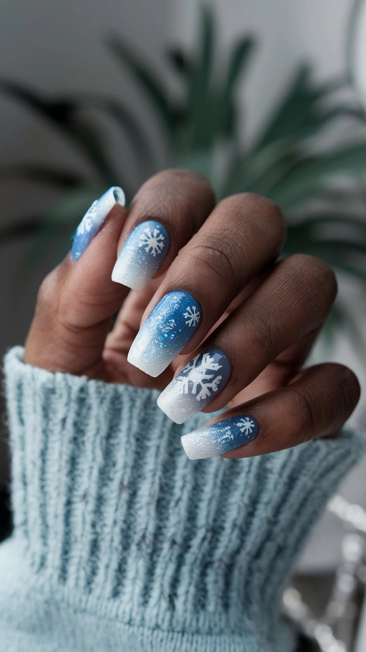 Frosty blue and white gradient nails with glitter and snowflake designs, complemented by a cool icy blue sweater.