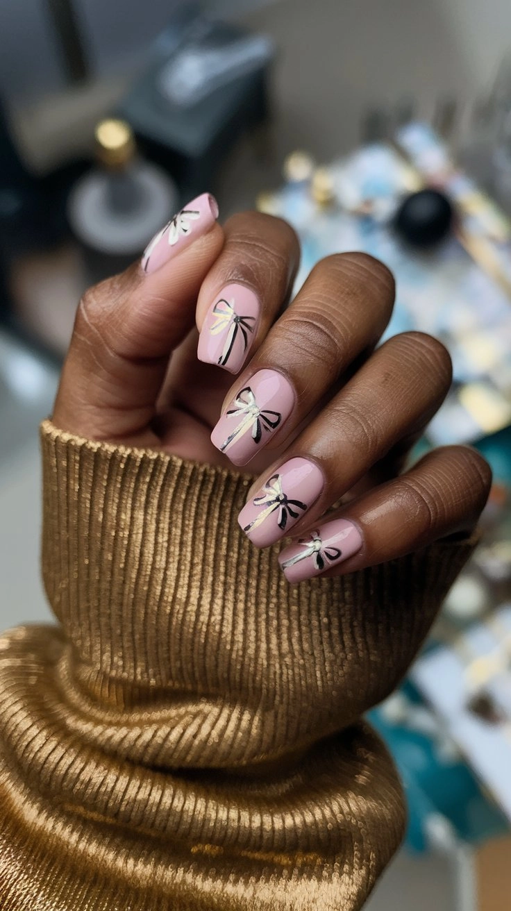 Gift-wrapped nails with bow designs and metallic ribbon accents, set against a shiny gold sweater.