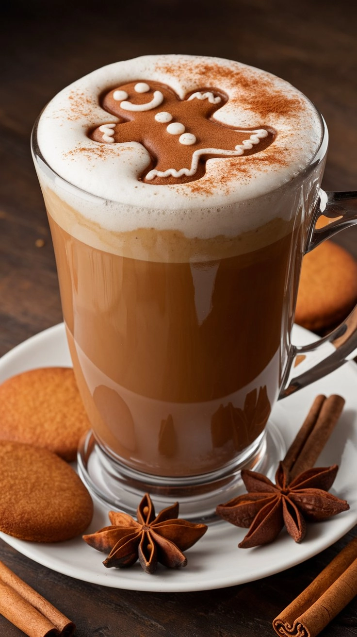 Gingerbread latte with cinnamon art and mini cookies on saucer