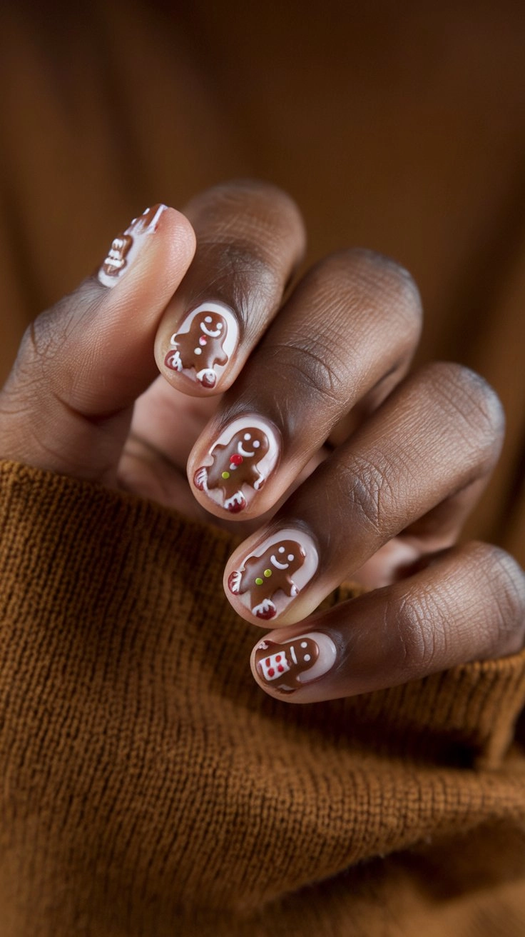 Gingerbread man nails featuring tiny gingerbread faces and candy details, paired with a warm brown sweater.