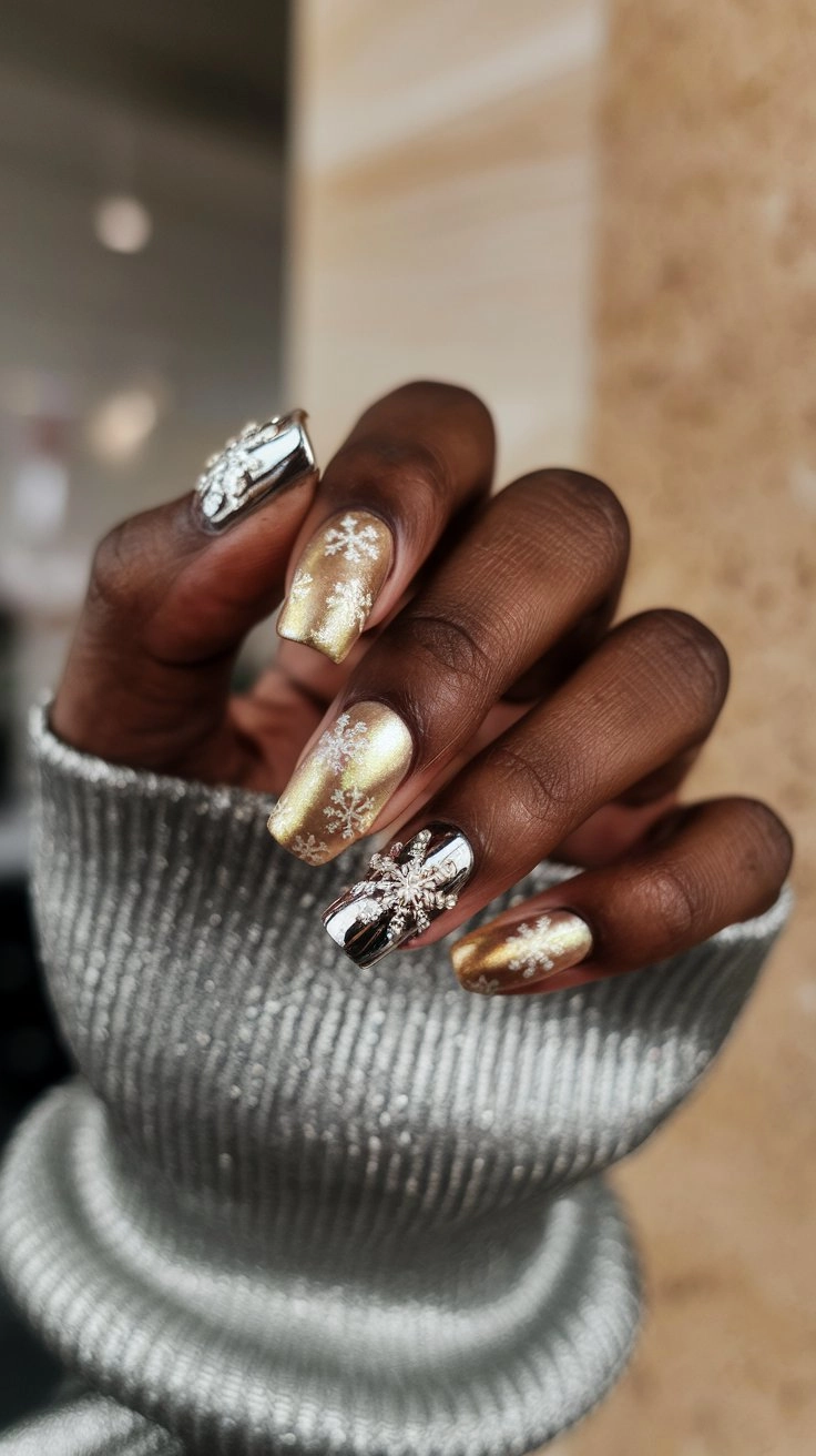 Glamorous gold and silver nails with snowflake designs and rhinestones, complemented by a shimmering silver sweater.