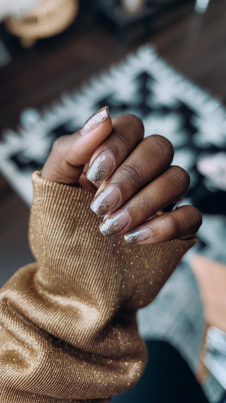 Multi-colored glitter explosion nails layered over a clear base, set against a shimmering gold sweater.