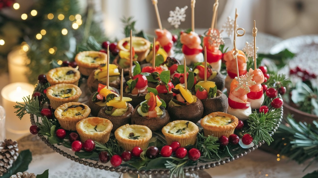 A festive platter of colorful Christmas appetizers, including miniature quiches, stuffed mushrooms, vegetable skewers, and cocktail shrimp, garnished with fresh herbs and cranberries, set on an elegant holiday table with soft lighting.