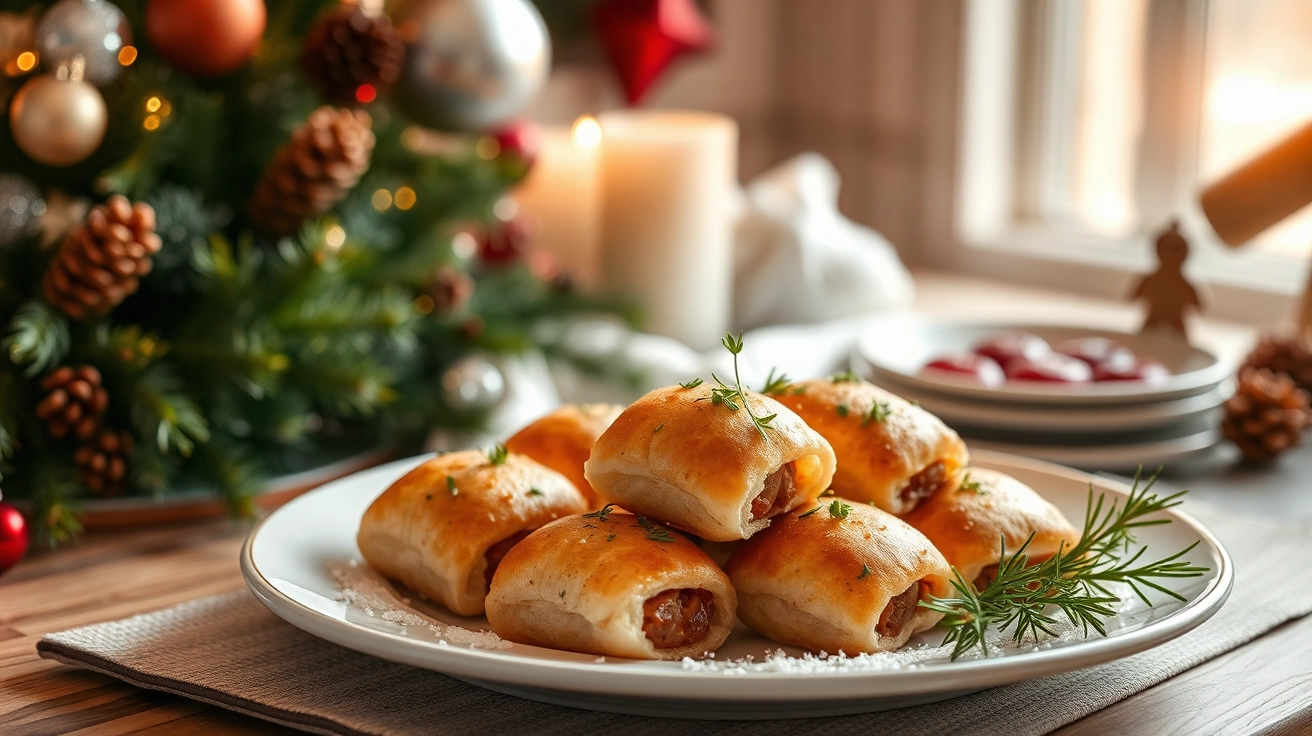 Festive holiday table with golden-brown sausage rolls garnished with fresh herbs, surrounded by pine branches, ornaments, and cozy natural lighting.