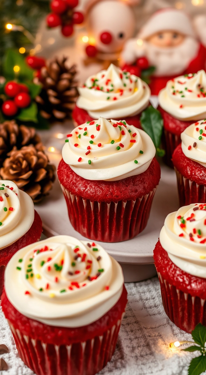 A festive display of red velvet cupcakes with creamy white frosting and holiday sprinkles, surrounded by pinecones, holly leaves, and twinkling fairy lights in a cozy winter setting.