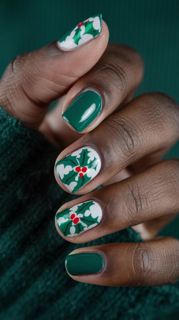 Green nails adorned with hand-painted holly leaves and red berries, matched with a forest green sweater.