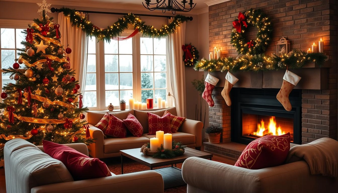 A cozy holiday living room with a decorated Christmas tree, twinkling lights, garlands on the mantel, stockings, festive cushions, glowing candles, and a crackling fireplace, creating a warm and inviting atmosphere.