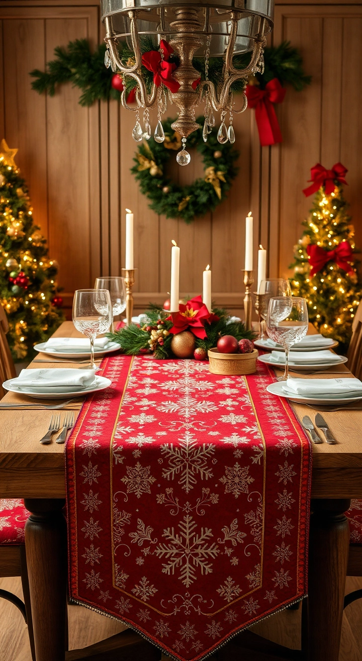 A Christmas dining table with a snowflake-patterned runner, red and gold tones, festive greenery, twinkling candles, and ornamental centerpieces on a classic wooden table.