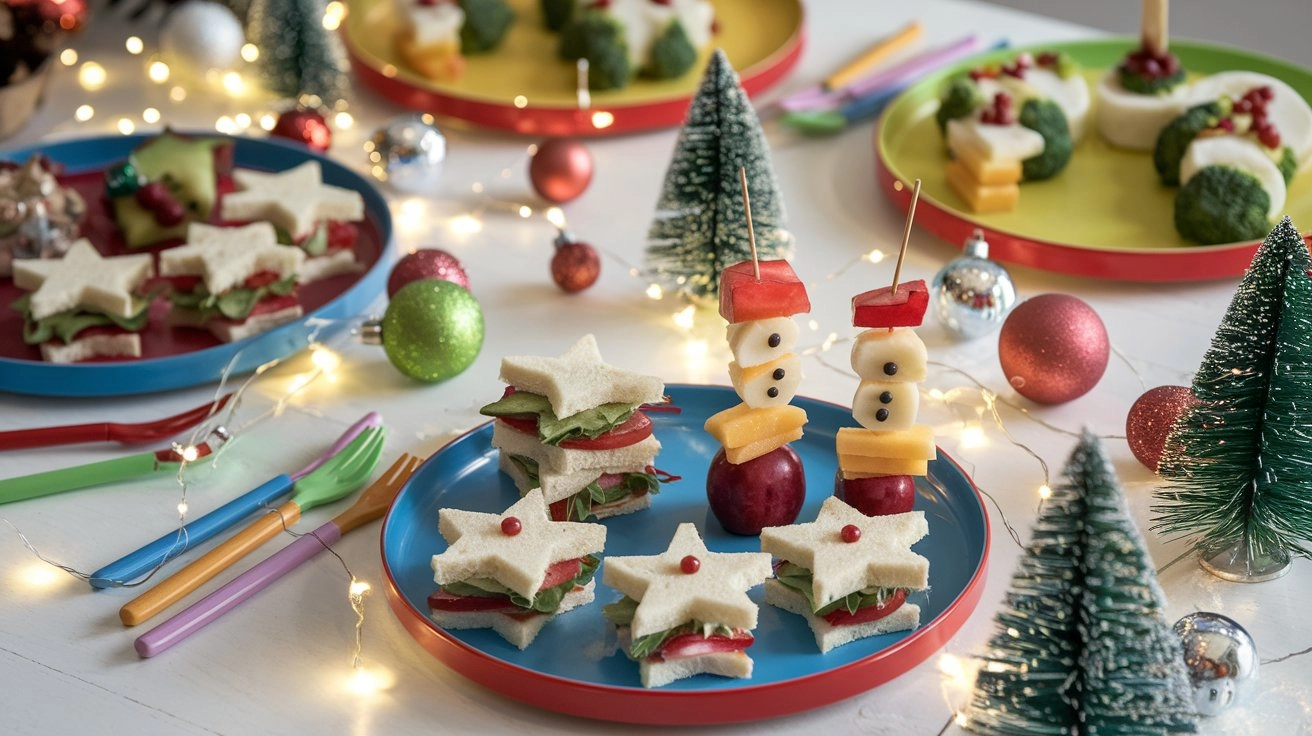 A vibrant Christmas lunch table for kids with festive-themed plates, featuring star-shaped sandwiches, snowman fruit skewers, and mini broccoli Christmas trees, surrounded by playful decorations like ornaments and candy canes, creating a joyful holiday atmosphere.