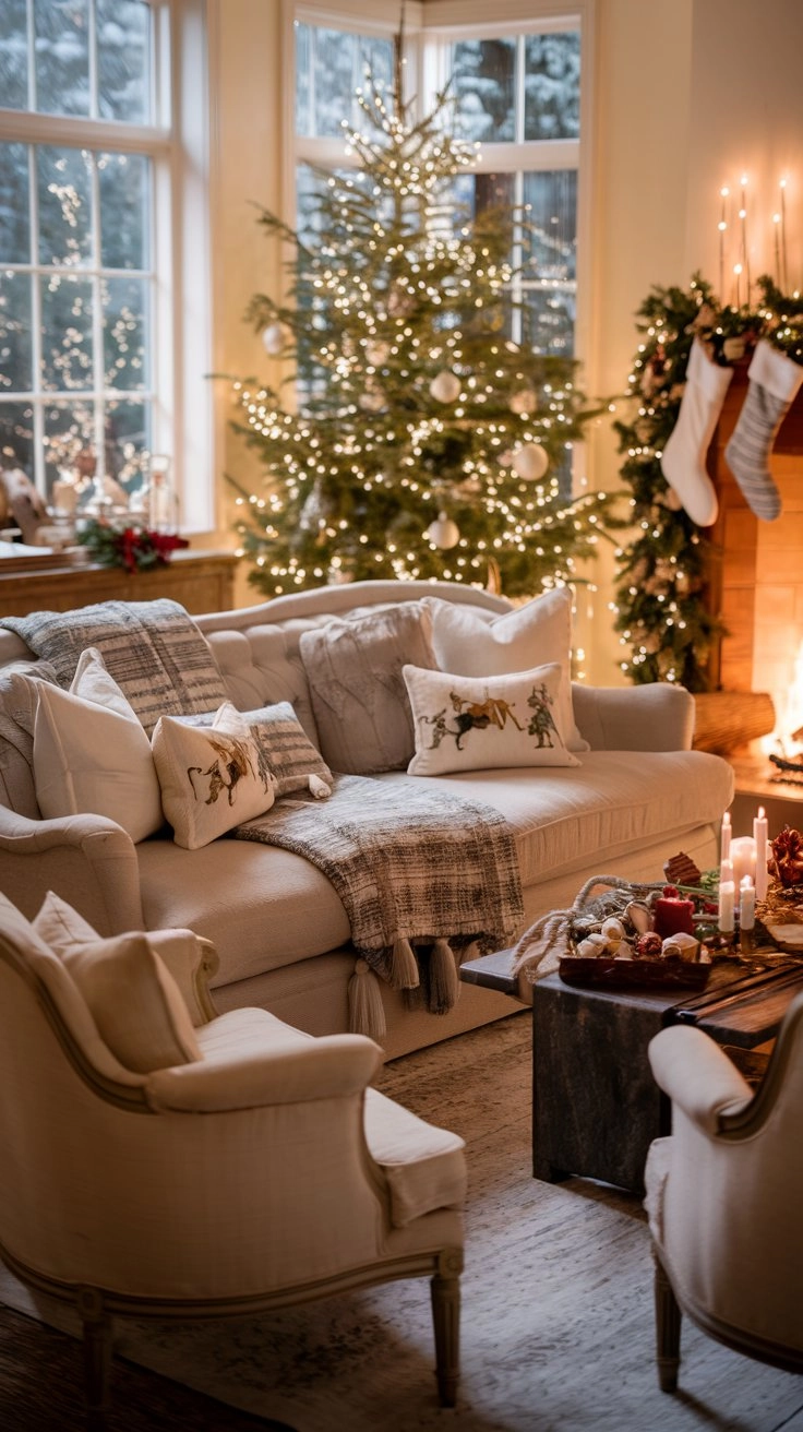 A cozy holiday living room with string lights on the mantel, glowing lanterns, flickering candles on the coffee table, and a decorated Christmas tree. A plush rug and festive decor complete the warm ambiance.