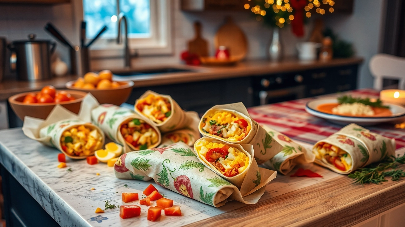 Cozy kitchen counter with breakfast burritos in festive parchment, surrounded by scrambled eggs, tomatoes, cheese, herbs, and holiday decorations in warm lighting.