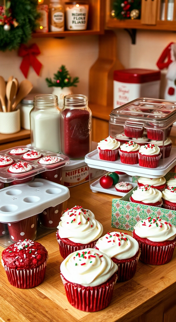 A cozy kitchen scene with red velvet cupcakes in storage containers, topped with cream cheese frosting and holiday sprinkles. The festive background includes warm lighting and ingredients like flour, highlighting make-ahead and storage tips.