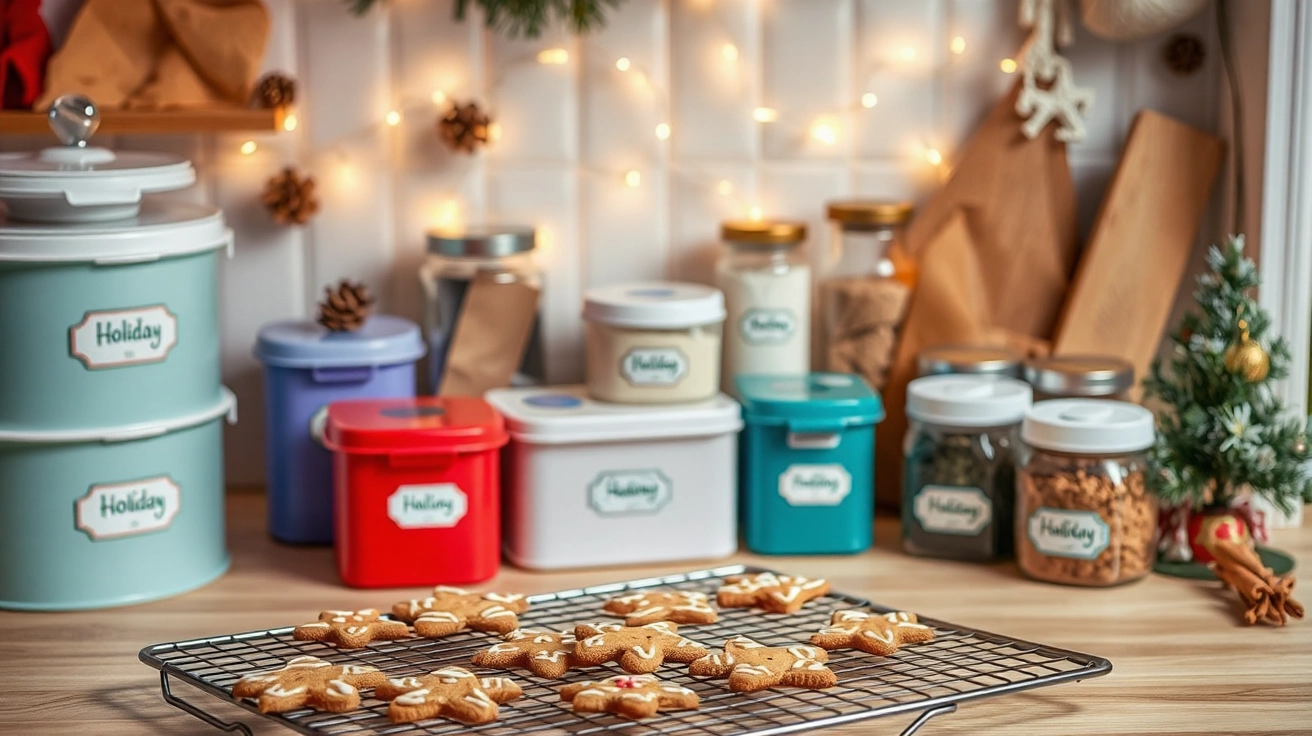 Cozy kitchen scene with decorated gingerbread cookies on a cooling rack, holiday storage containers, labeled spice jars, and festive decor like pinecones and a small Christmas tree in warm lighting with twinkling lights.