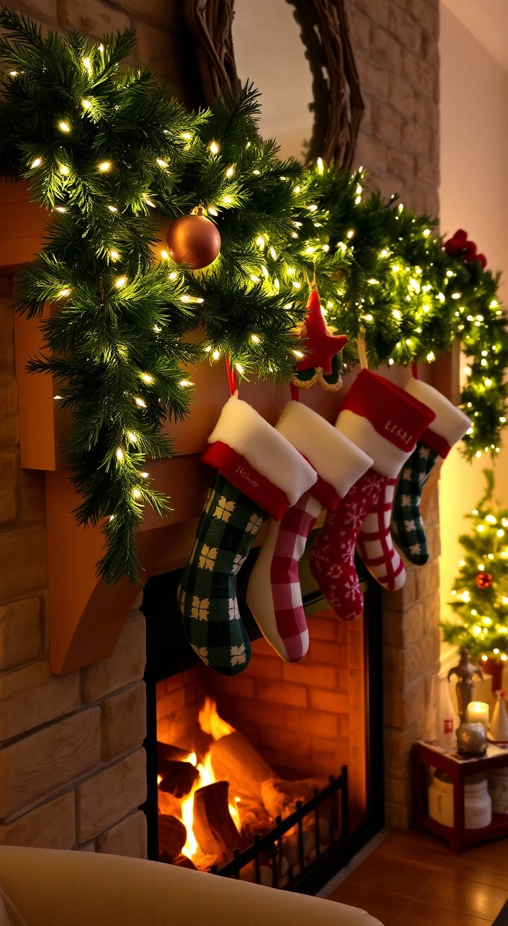 A cozy mantel decorated with lush garland, twinkling lights, and colorful stockings, set against a rustic wooden fireplace with a warm, glowing holiday ambiance.