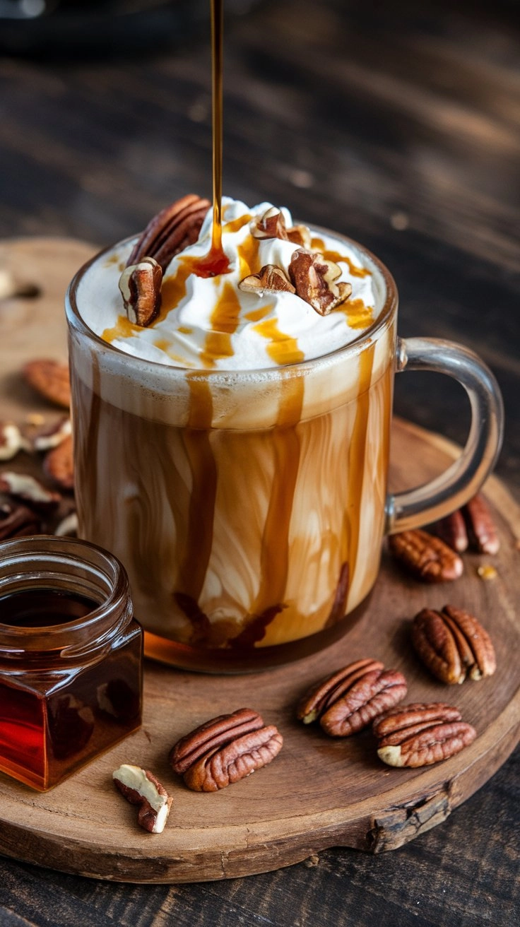 Maple pecan coffee with toasted pecans and maple drizzle