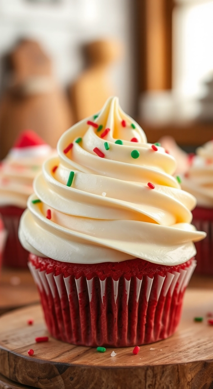 Close-up of creamy cream cheese frosting swirled on a red velvet cupcake, topped with festive sprinkles, in soft natural light with a blurred rustic kitchen background.