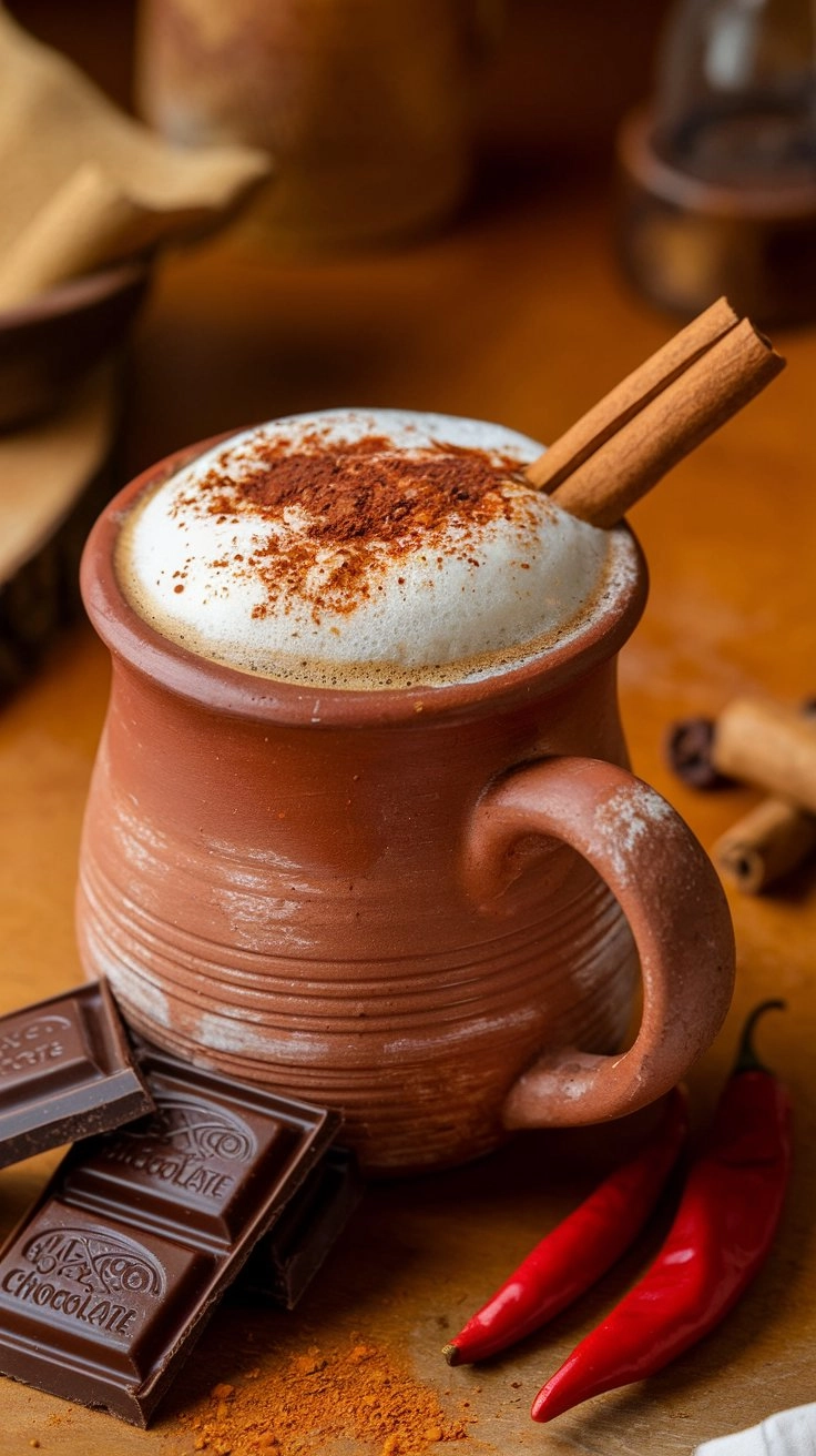 Mexican spiced coffee in terracotta mug with cinnamon and chilies