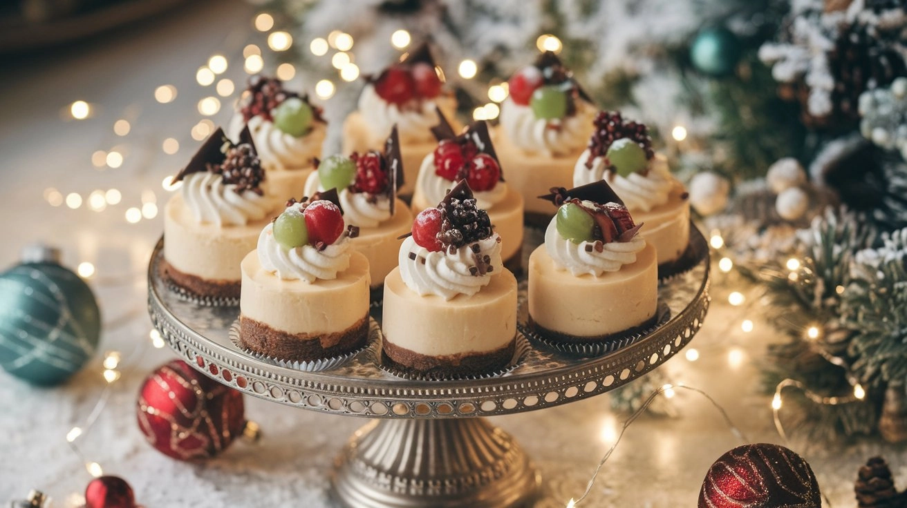 Mini cheesecakes topped with red and green fruit, whipped cream swirls, and chocolate shavings, arranged on an elegant platter, surrounded by fairy lights and holiday ornaments, with a cozy winter backdrop and warm lighting.