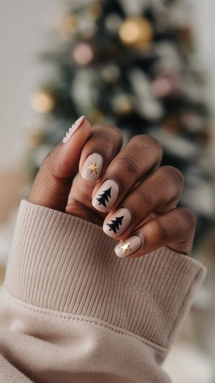 Nails with gold stars and tree outlines for a minimalist Christmas look, paired with a soft beige sweater.