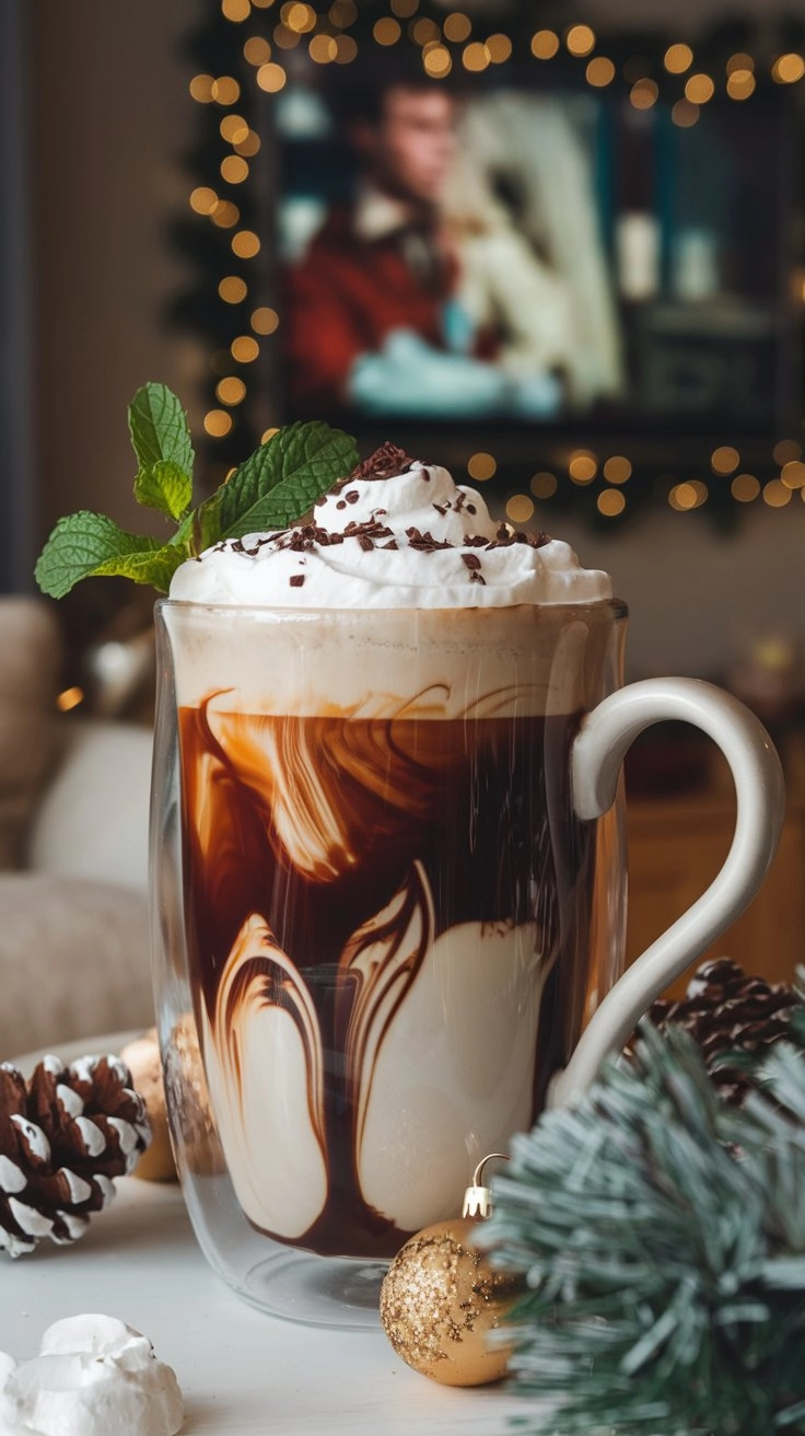 Minty hot chocolate coffee with fresh mint leaves