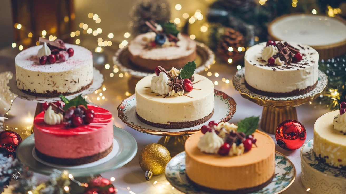 Elegant no-bake Christmas cheesecakes in peppermint, pumpkin spice, and vanilla flavors, decorated with cranberries, mint leaves, and chocolate shavings, set on decorative plates with fairy lights and holiday ornaments for a cozy, festive ambiance.