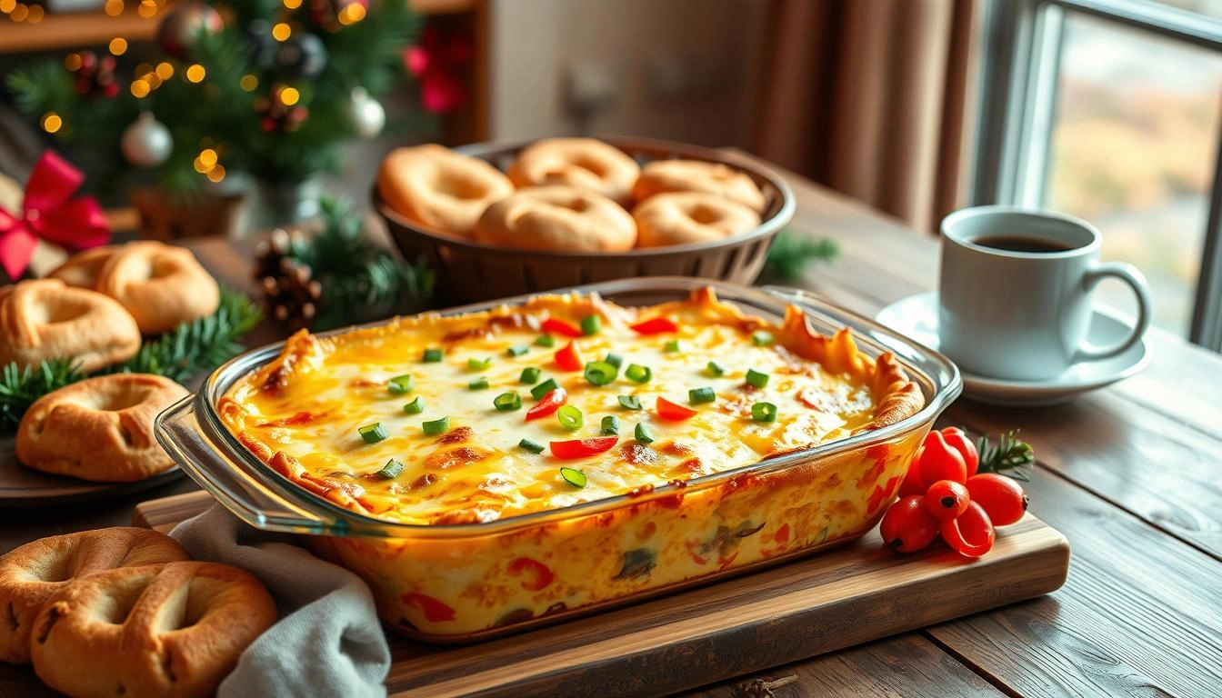  Golden-brown overnight breakfast casserole with melted cheese, bell peppers, and green onions, on a rustic table with festive holiday decor, soft morning light, freshly baked pastries, and a steaming mug of coffee.