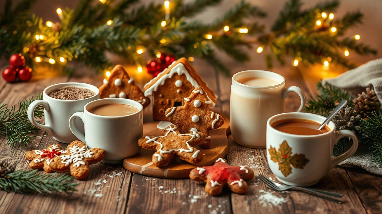 Cozy holiday scene with decorated gingerbread cookies on a rustic table, steaming mugs of spiced hot chocolate, eggnog, and chai tea, set against pine branches and twinkling lights in warm lighting.
