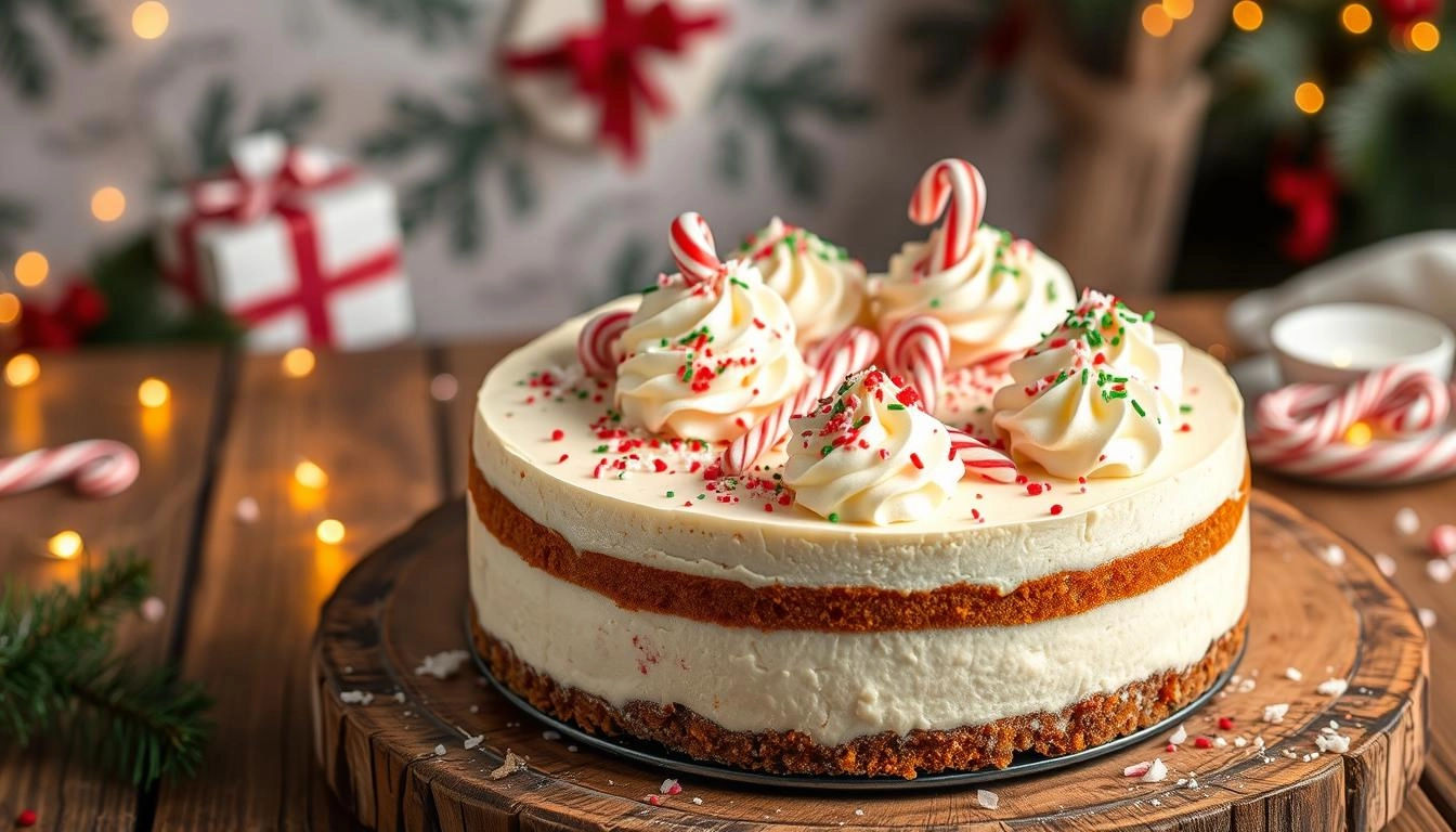 Festive peppermint cheesecake topped with crushed candy canes, whipped cream swirls, and red and green sprinkles, set on a rustic wooden table with a soft holiday background and warm, cozy lighting.