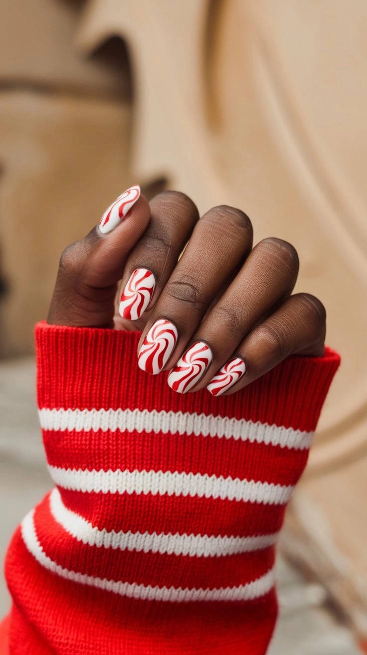 Peppermint swirl nails with red curved lines on a white base, paired with a red and white striped sweater.