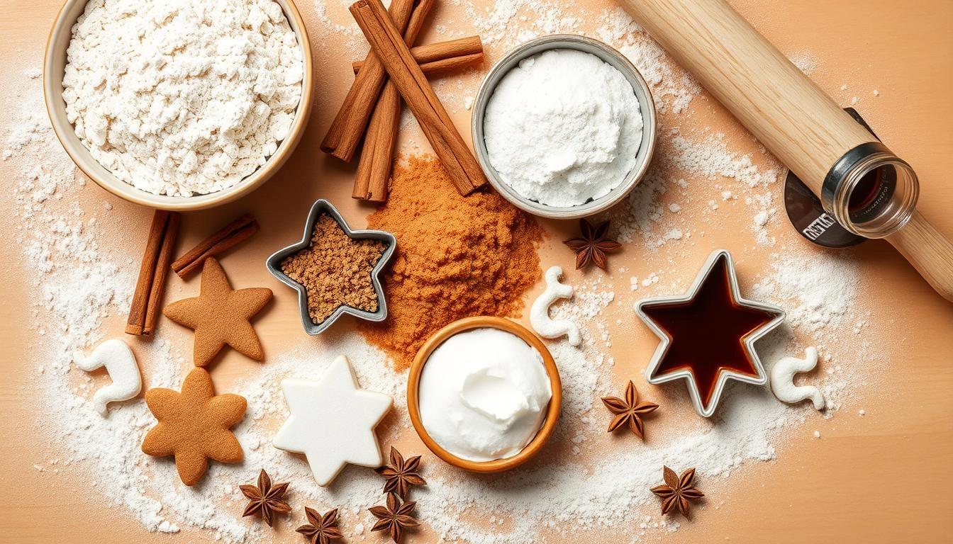 Cozy kitchen scene with flour-dusted countertop, cookie cutters, gingerbread dough, and decorated cookies on a cooling rack in warm, golden light.