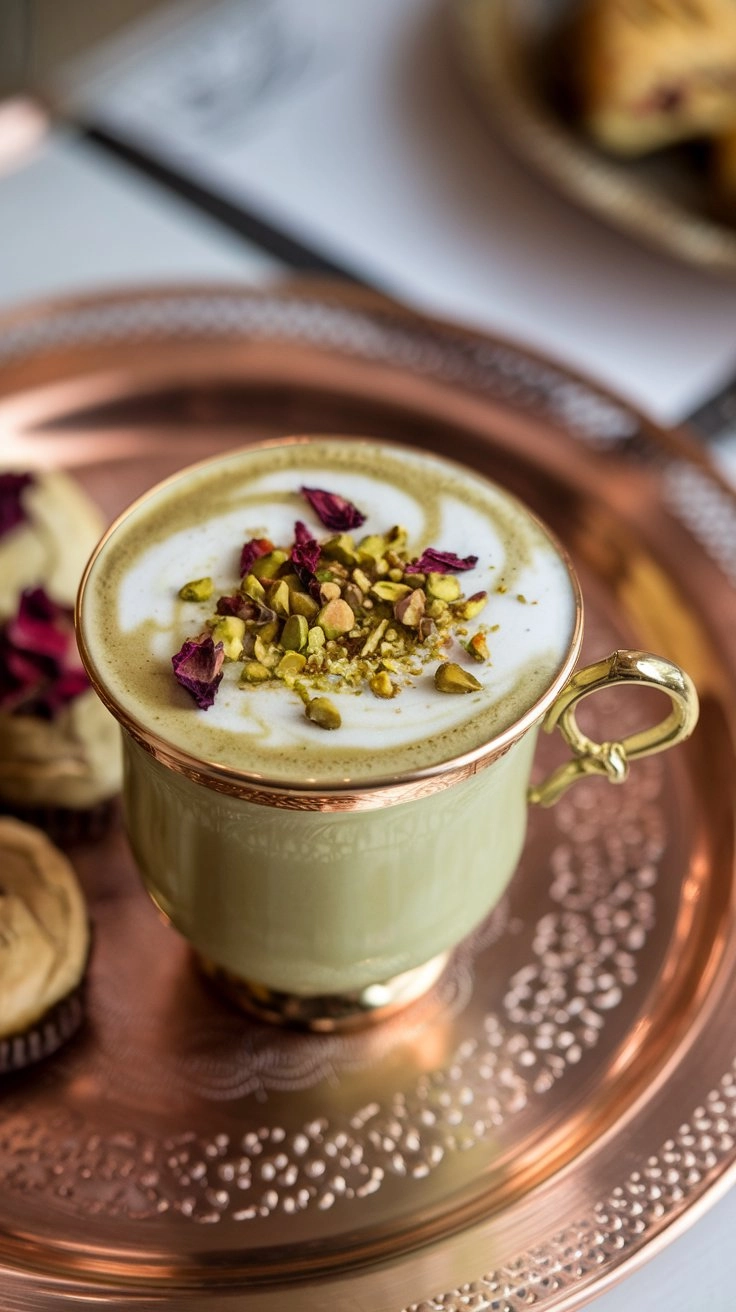 Pistachio rose coffee with crushed nuts and rose petals