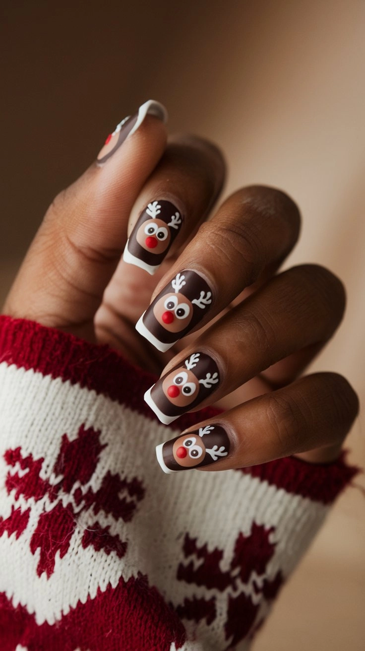 Playful reindeer nail art with Rudolph’s red nose and antlers, paired with a cozy red sweater.