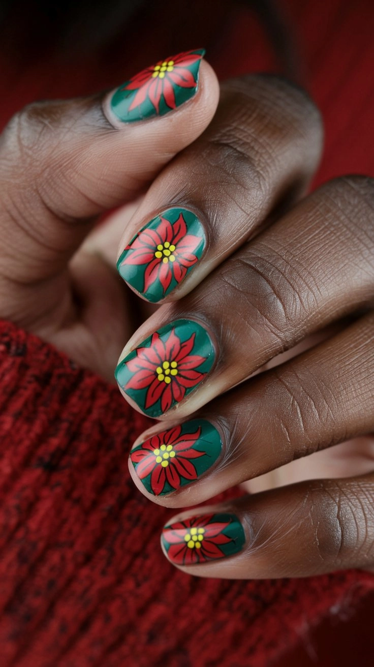 Poinsettia nails in rich red and green with yellow centers, paired with a matching red sweater.