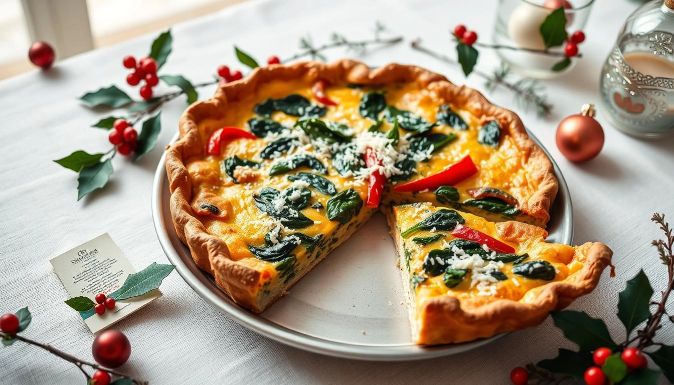 Christmas breakfast table with golden-brown quiche filled with spinach and red bell peppers, surrounded by holly and festive ornaments in soft morning light.