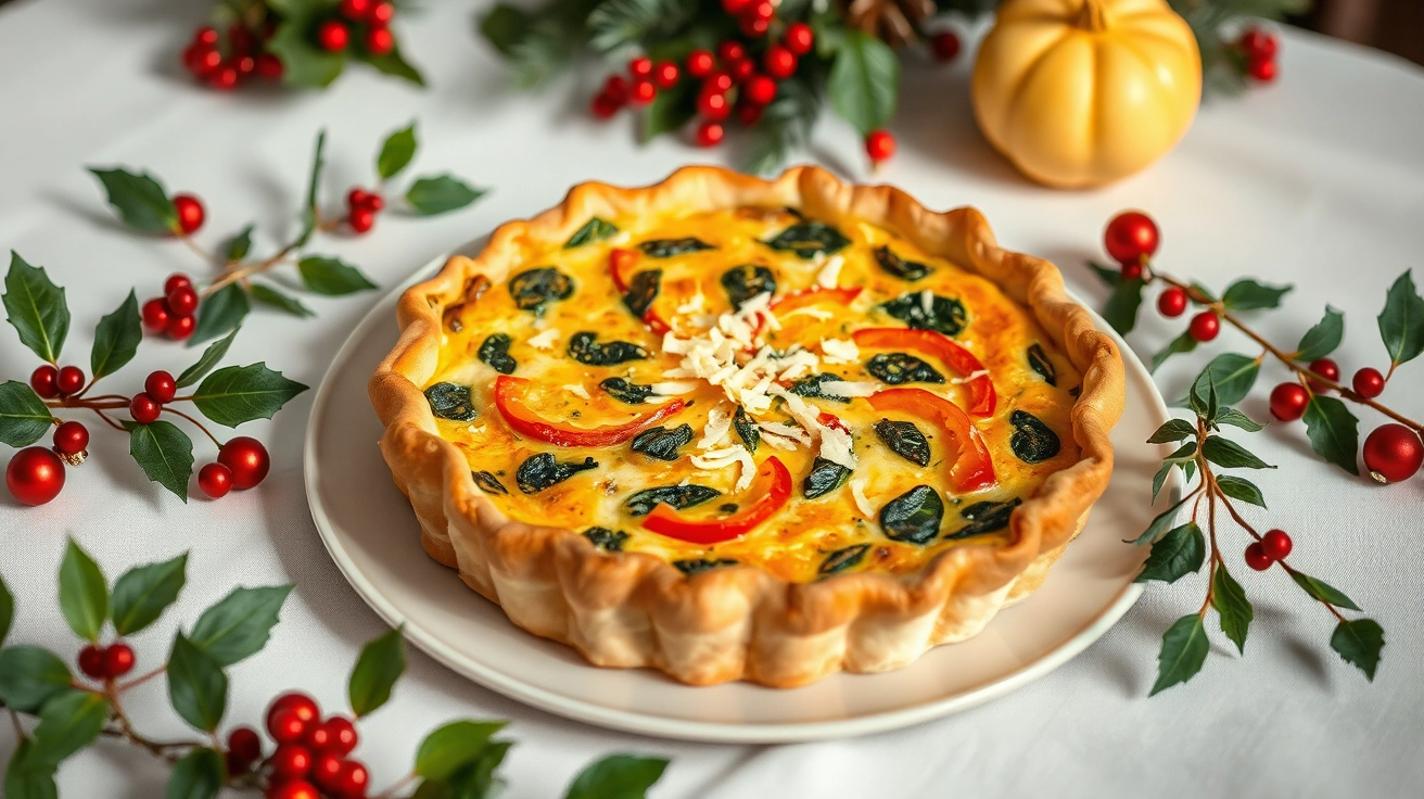 Christmas breakfast table with golden-brown quiche filled with spinach and red bell peppers, surrounded by holly and festive ornaments in soft morning light.