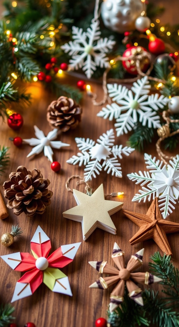 A cozy holiday scene with DIY Christmas ornaments made from pinecones, paper snowflakes, and cinnamon stick stars, arranged on a wooden table with festive greenery and warm lighting for a cheerful Christmas vibe.