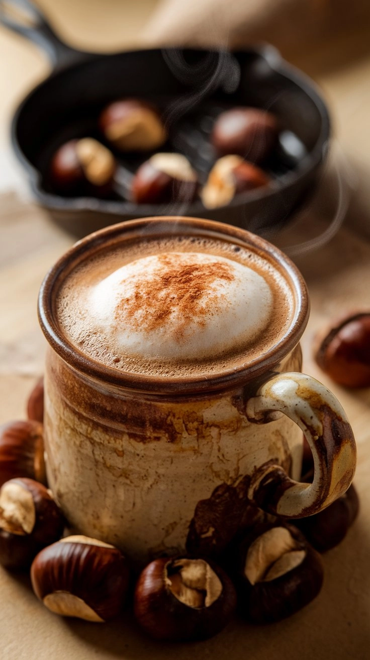 Roasted chestnut coffee surrounded by peeled chestnuts