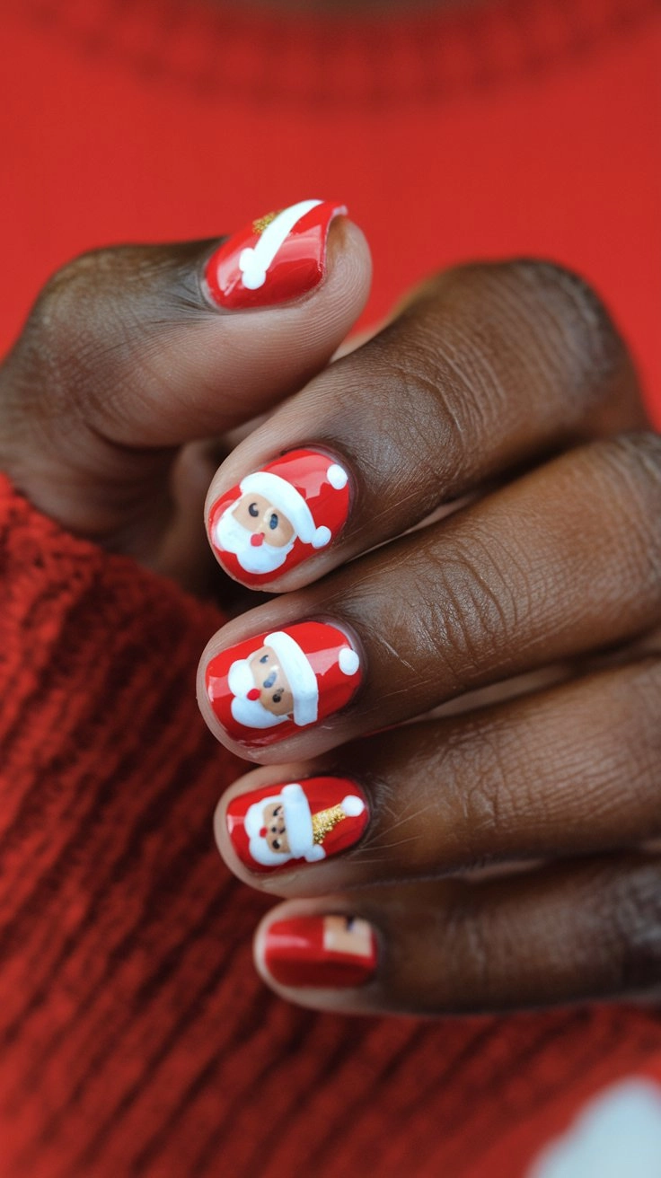 Santa Claus nail art with tiny Santa hats and faces, featuring red, white, and gold accents and a bright red sweater.